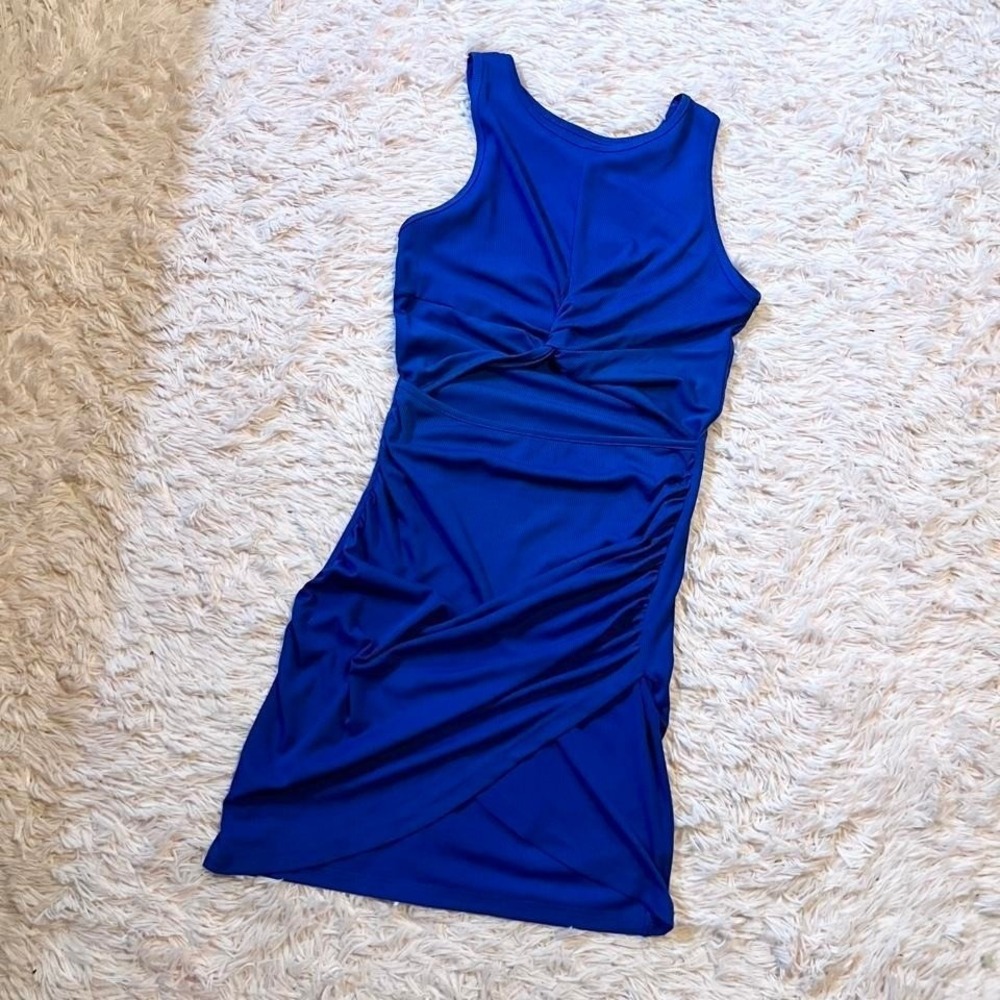 Royal Blue Cutout Knotted Rib Knit Ruched Dress Womens S Celestial Club Sexy